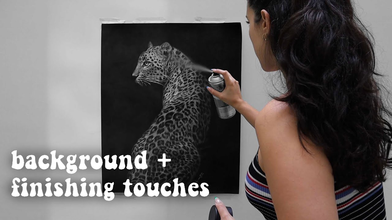 Drawing a hyperrealistic leopard with charcoal 🐆 last touches + dark background 🦋 Art studio vlog