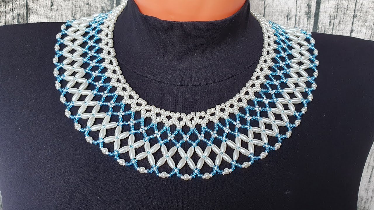 Pearl collar/Pearl necklace/Beaded necklace/Колье из бусин и бисера/Колье из жемчуга/Колье