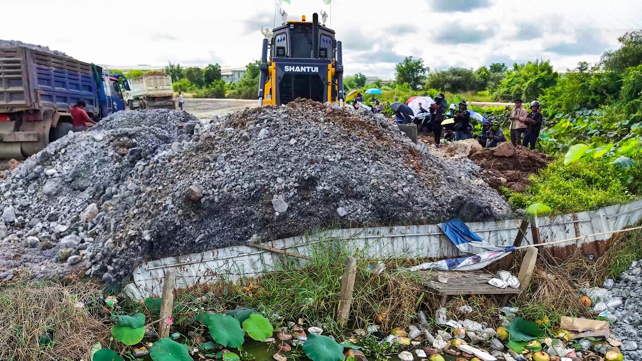 Best! Operation Of SHANTUI C3Pro Dozer With 25T Truck Throw a stone into the water