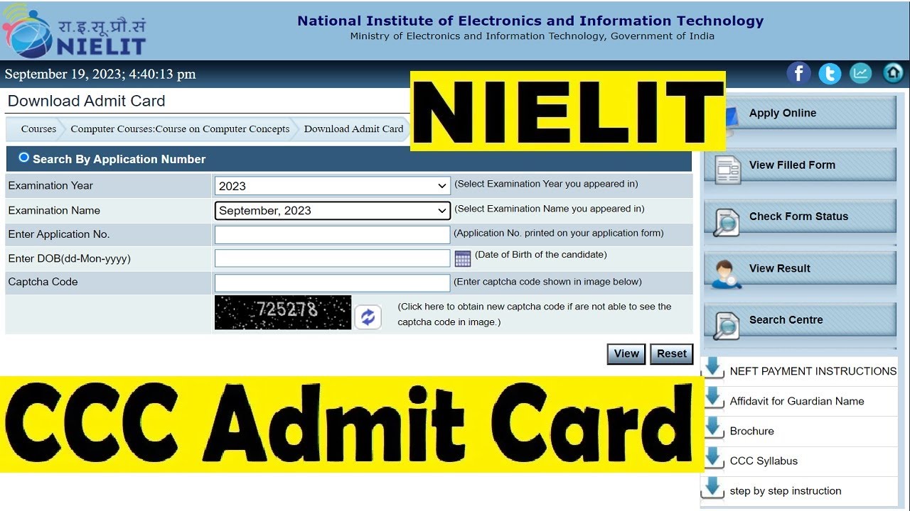 ccc admit card September 2023 :  nielit ccc admit card download 2023