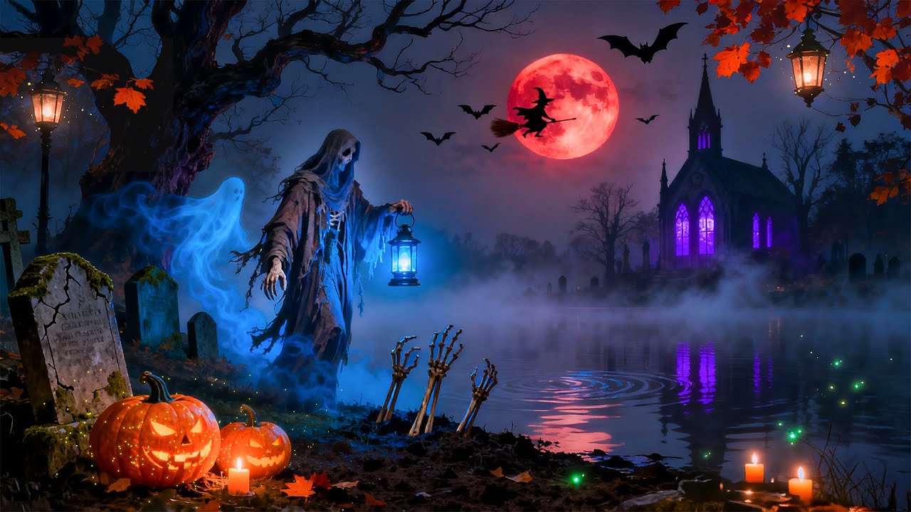 Haunted Graveyard by the Lake 🌕 Halloween Ambience 2025 👻 Spooky Sound & Relaxing Halloween Music