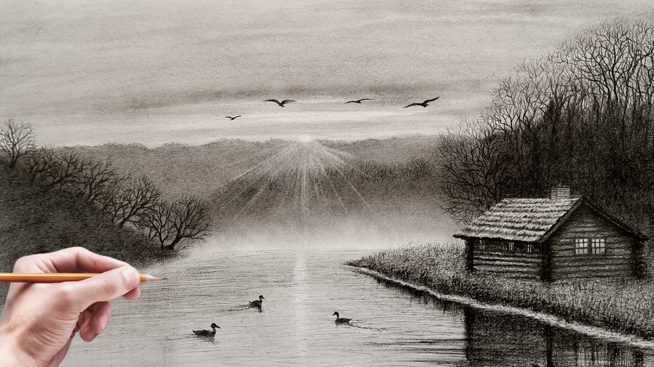 How to draw a beautiful sunset | Drawing a realistic landscape with pencil and charcoal powder