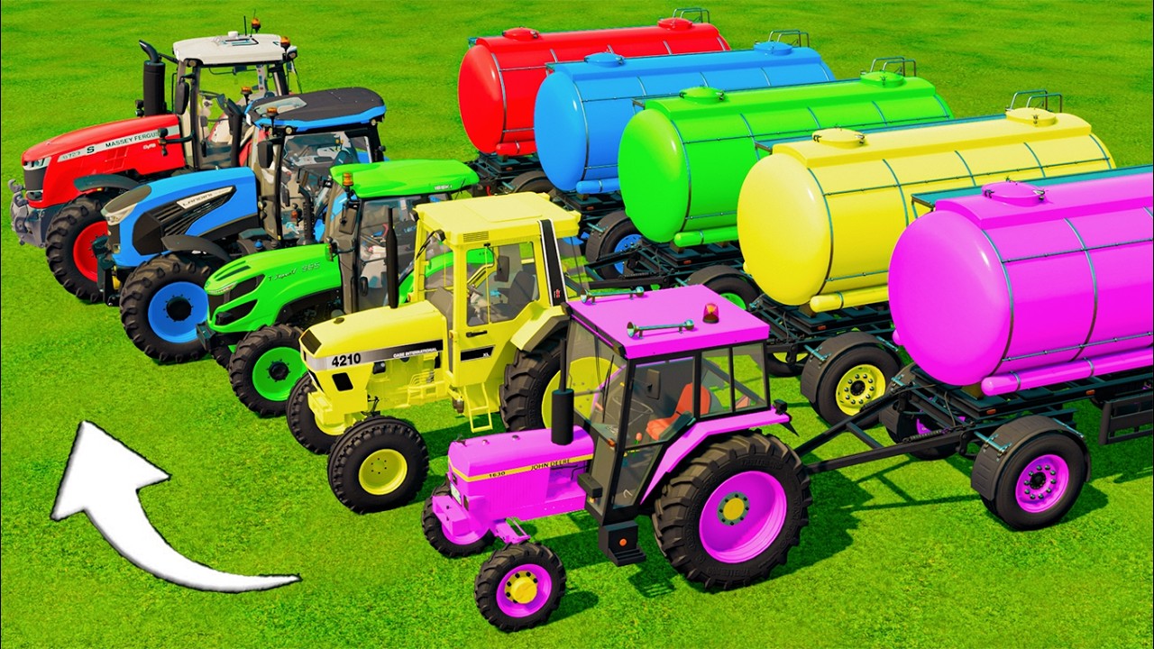 MINI CONVOY OF COLORS! JOHN DEERE MINI TRACTORS & TANKERS TO GARAGE | FS22