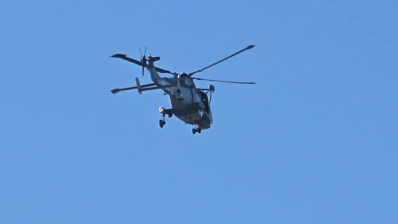 Royal Navy Wildcat flying over the Solent for HMS Prince of Wales return to Portsmouth CSG25 