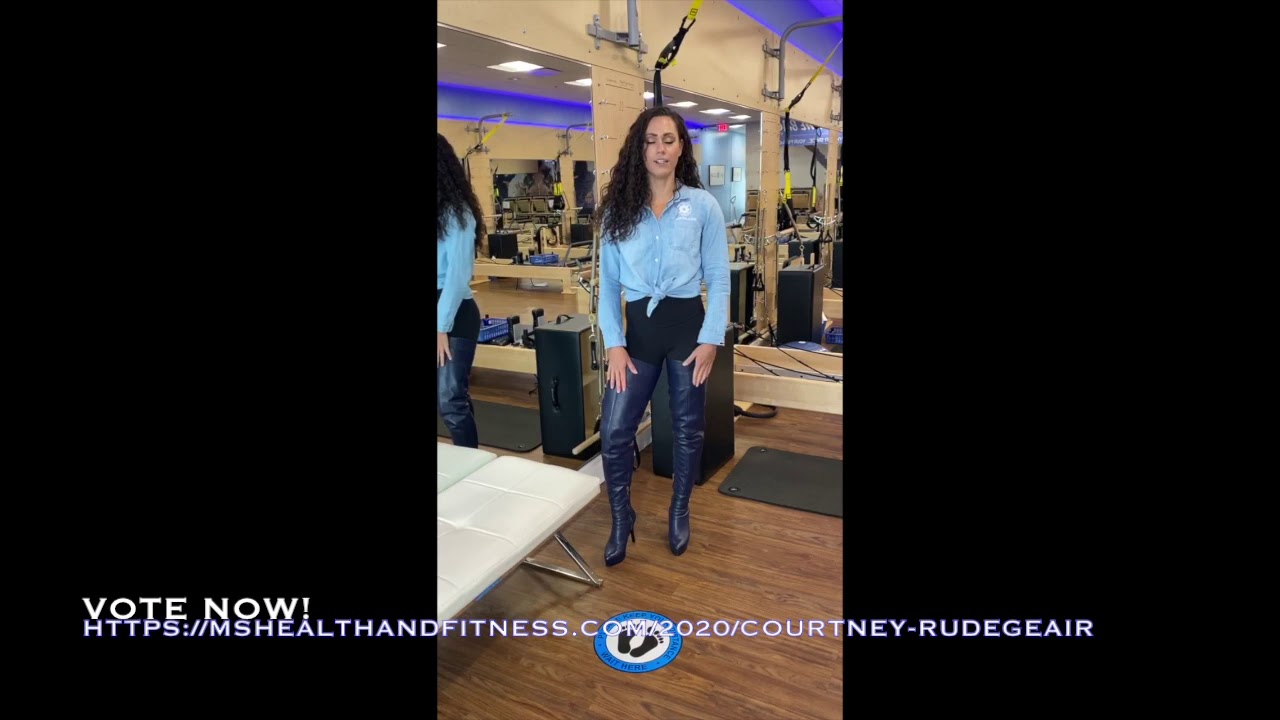 VOTE FOR COURTNEY MS  HEALTH AND FITNESS 2020 WEARING OUR SAPPHIRE LEATHER THIGH BOOTS