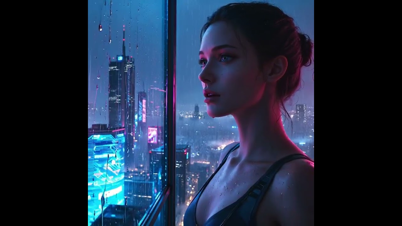 Cyberpunk Rain Window 🌧️ Neon City Girl | Ambient Cyberpunk Music 4K