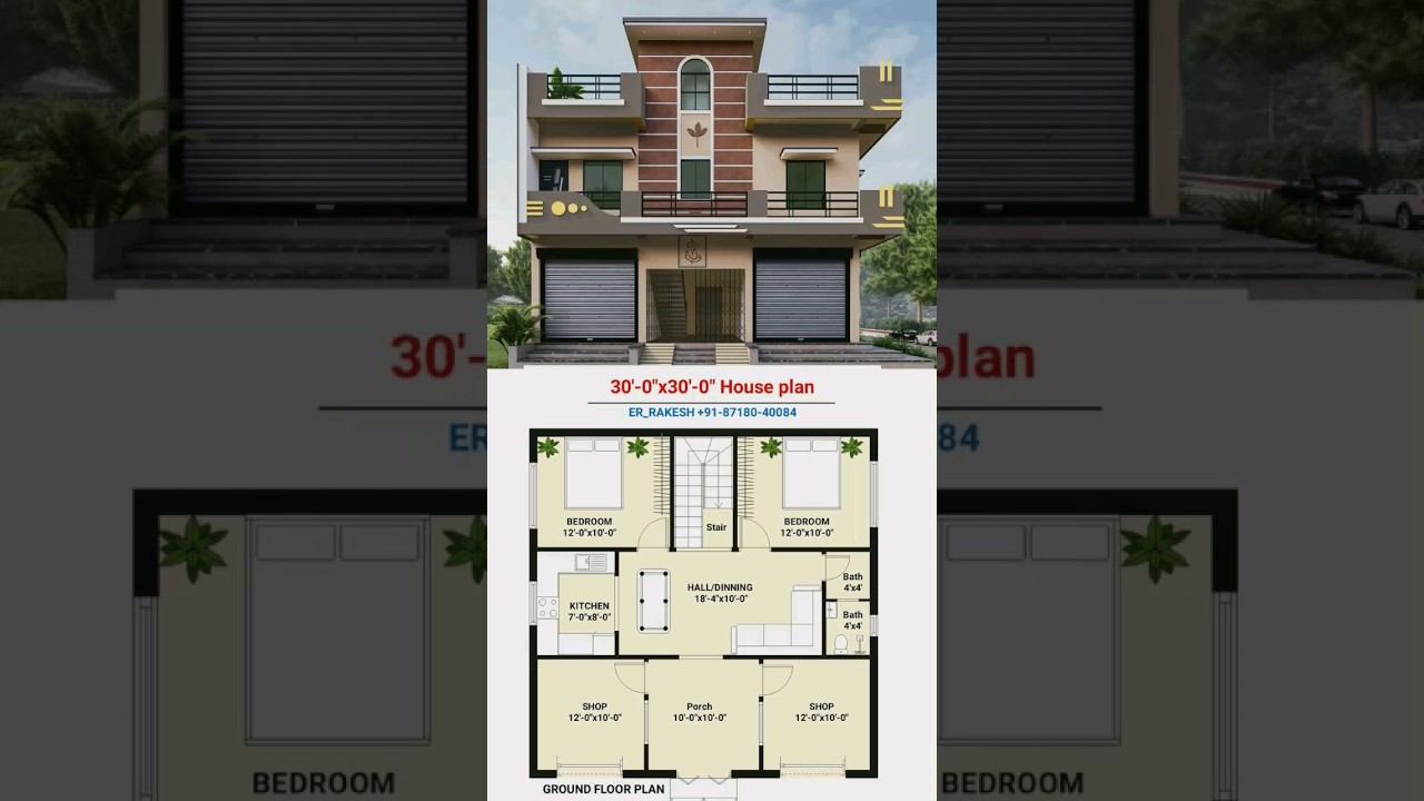 30x30 House plan 2BHK with 2shop & parking 30 by 30, 30*30 #floorplan #housedesign #shots #viral