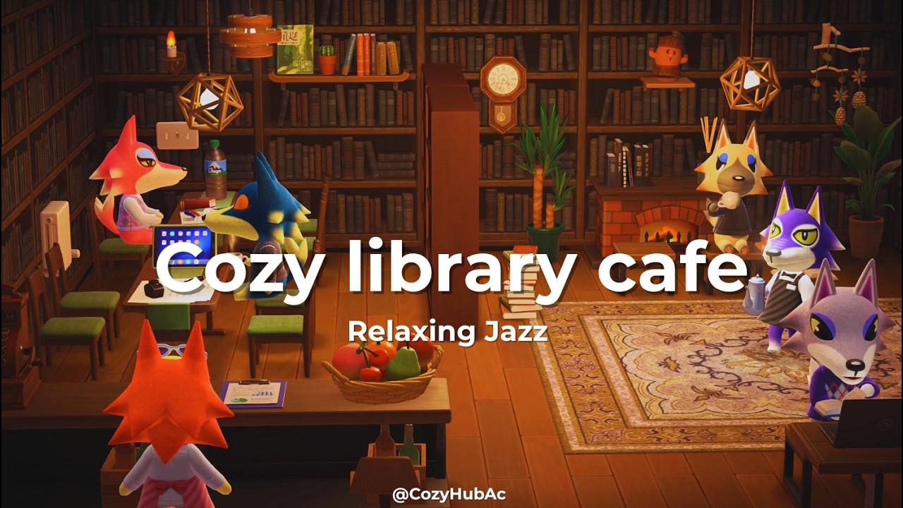 Cozy Wolf Library Café 📚🐺☕ Smooth Jazz & Café Ambience｜1 Hour Study & Relax｜Animal Crossing