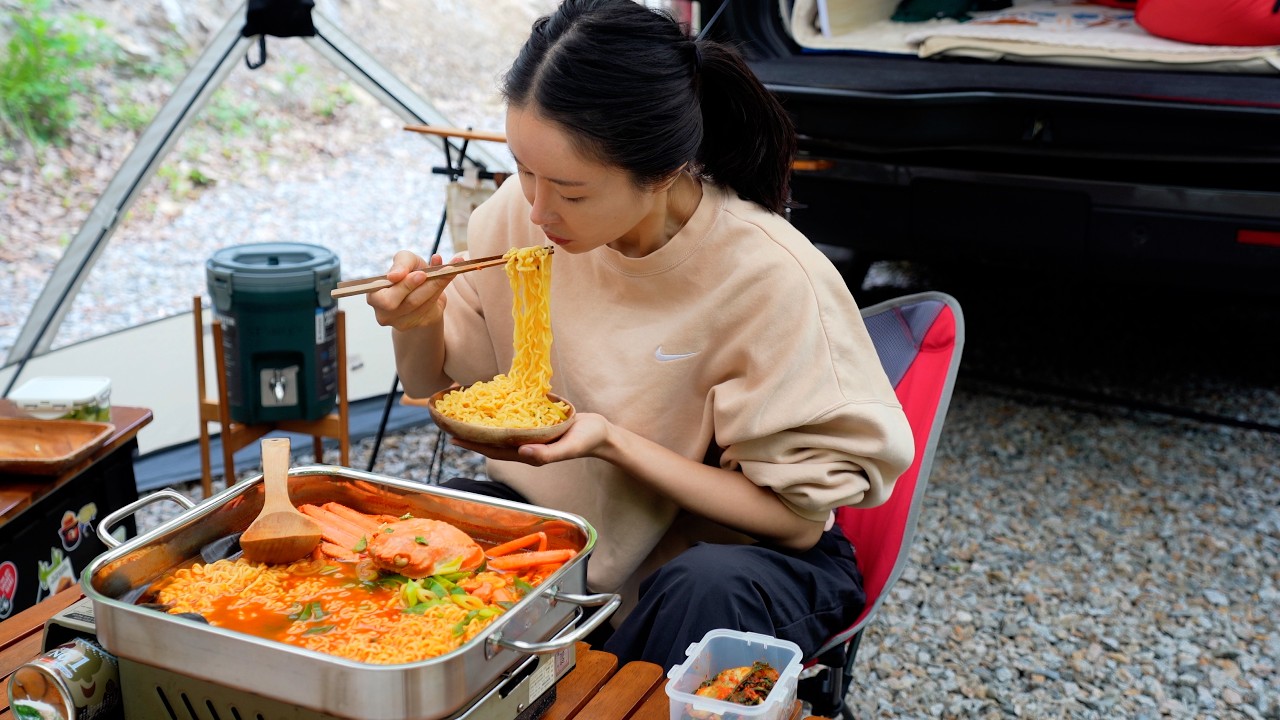 🏕Установка открытой палатки всего за 1 минуту. Вкусная корейская еда для кемпинга.😋