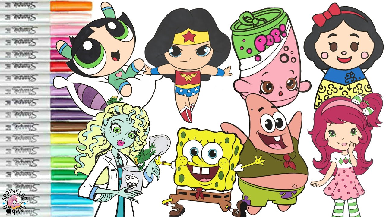 Coloring Book Compilation for Kids Disney Princess SpongeBob Shopkins Wonder Woman Monster High