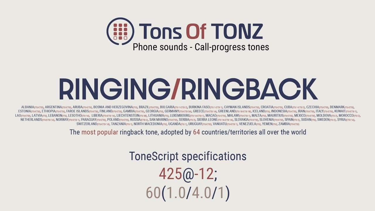 Ringing/Ringback tone (Brazil, Germany, Indonesia, Italy, Mexico, Sudan, and 60 more). Phone sounds