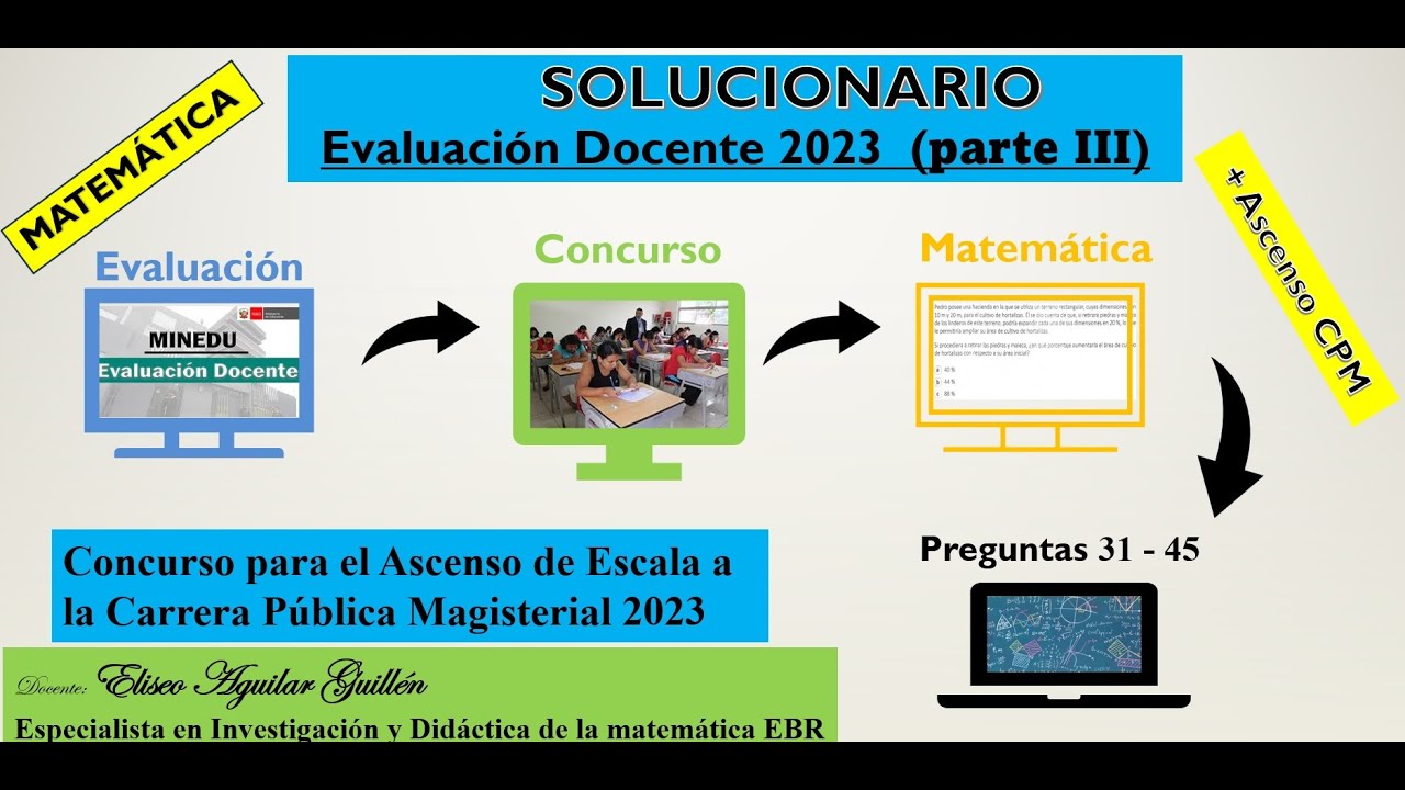 SOLUCIONARIO EVALUACIÓN DOCENTE MATEMÁTICA 2023 Parte III (31 - 45) para ASCENSO a la C.P.M.