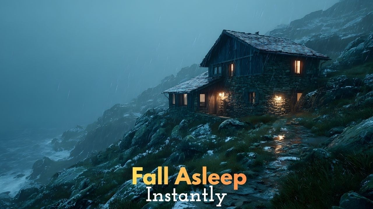 Heavy Thunderstorm at Foggy Alpine Chalet – Rain, Thunder & Rushing Water (Deep Sleep)