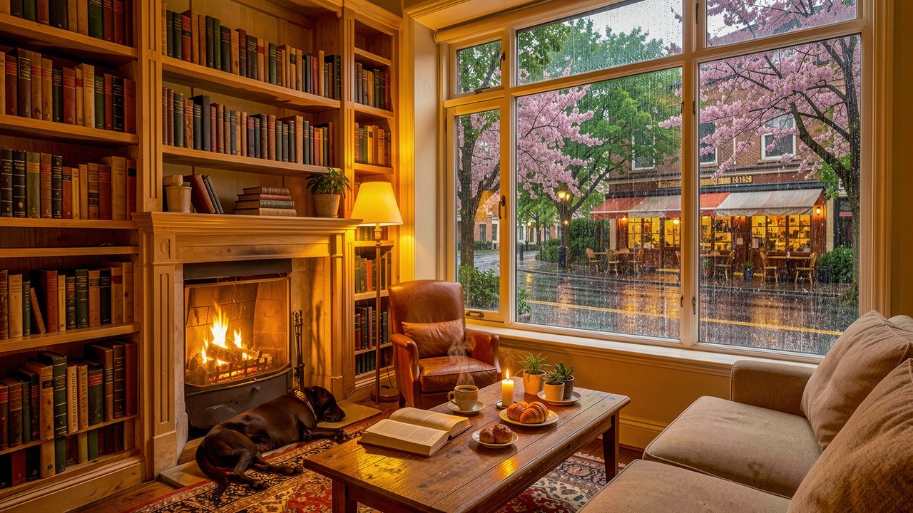 Cozy Rainy Window Jazz - Fireplace Library Ambience with Soft Piano Jazz for Study & Relax