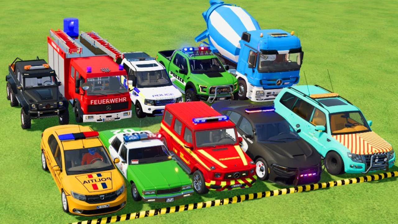 TRANSPORTING POLICE CARS, AMBULANCE, FIRE TRUCK, COLORFUL CARS WITH TRAIN -FARMING SIMULATOR 22!