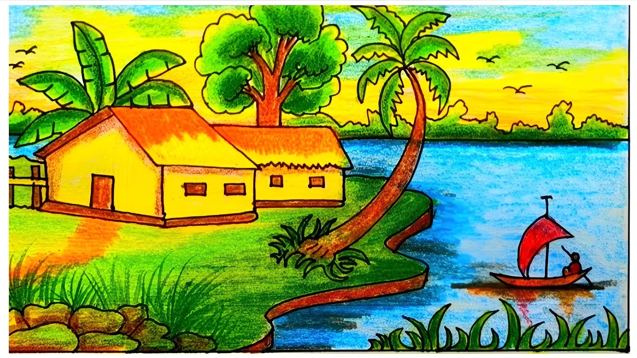 নদীমাতৃক গ্রামের দৃশ্য অংকন || Draw A River View village Scenery With Color Pencil. #art #landscape 
