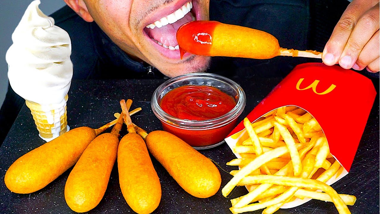 ASMR CRISPY CORN DOGS MCDONALD'S ICE CREAM CONE FRENCH FRIES JERRY MUKBANG EATING *CRUNCHY