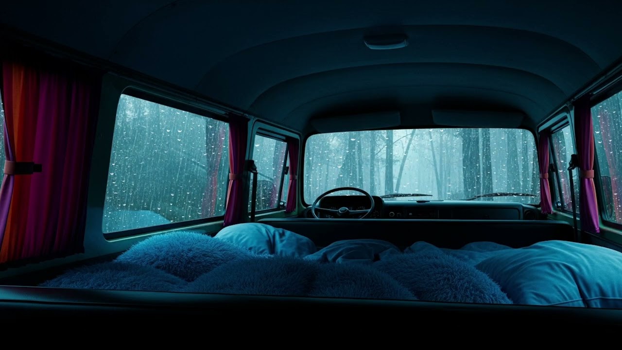 Cabin in a Thunderstorm | Rain on Glass, Engine Hum, Night Drive Sleep Ambience