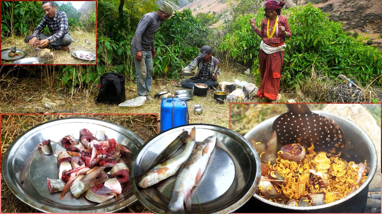 dharme's friend cooks FISH mix food for him || village local food || rural Nepal || @junglefamily