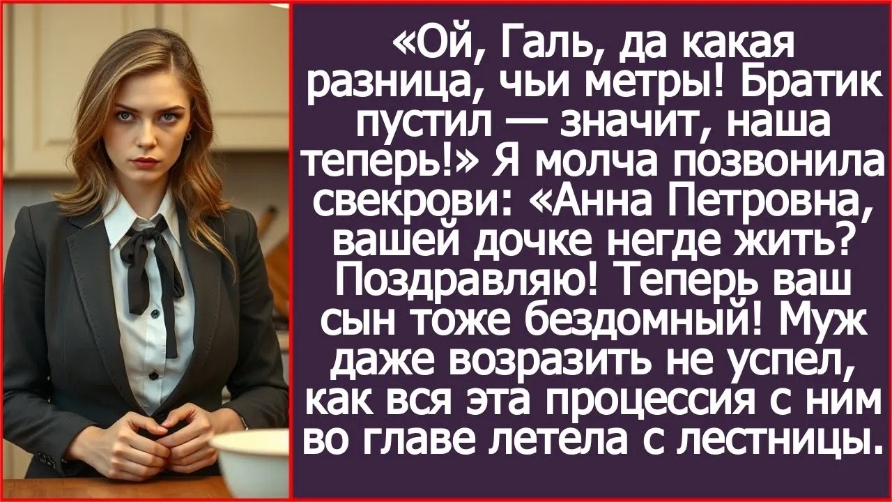Ой, Галь, да какая разница, чьи метры! Братик пустил — значит, наша теперь! Сказала золовка