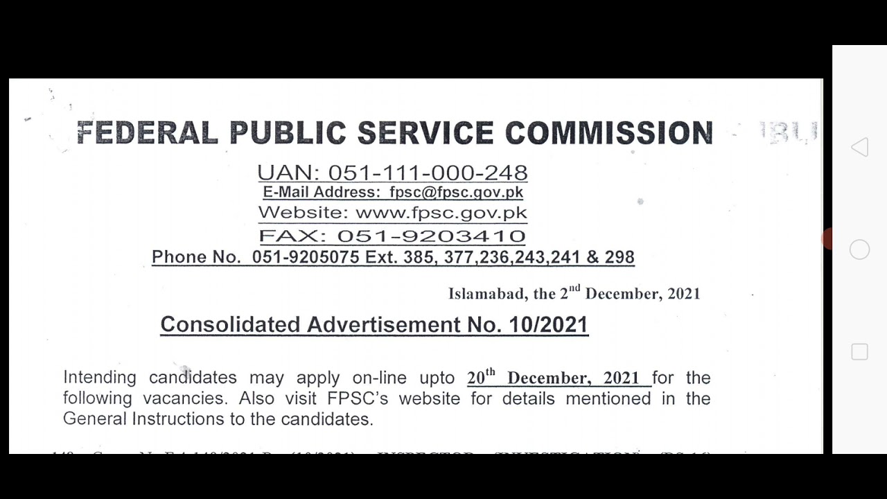 FPSC Advertisement|Dec2021|FIA Inspector=149 Posts|FIA Assistant Director (Investigation) Posts|