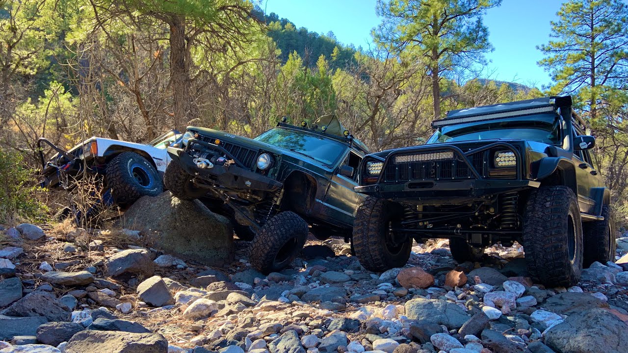 3 Built Jeep XJ's Rock Crawl To The Top Of A SNOW Covered Mountain! | Smiley Rock Trail AZ