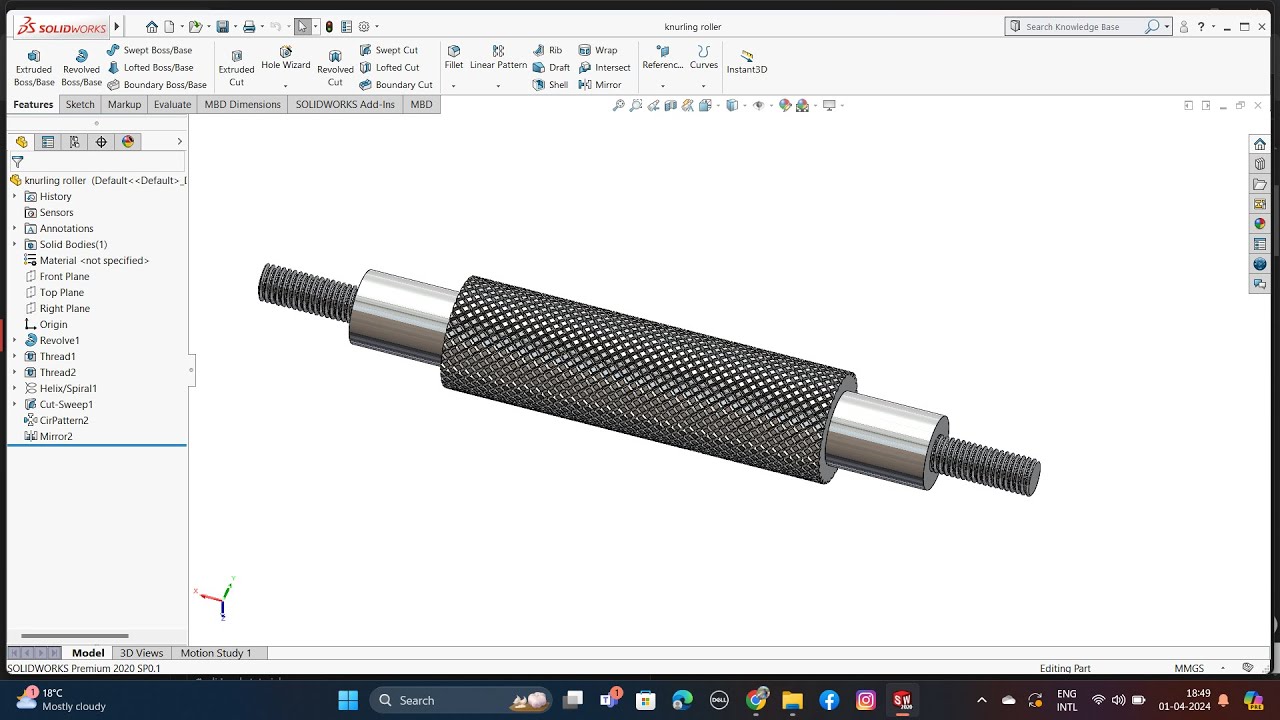 SolidWorks tutorial | How to cut knurling  | SolidWorks | how to make knurling roller in SolidWorks