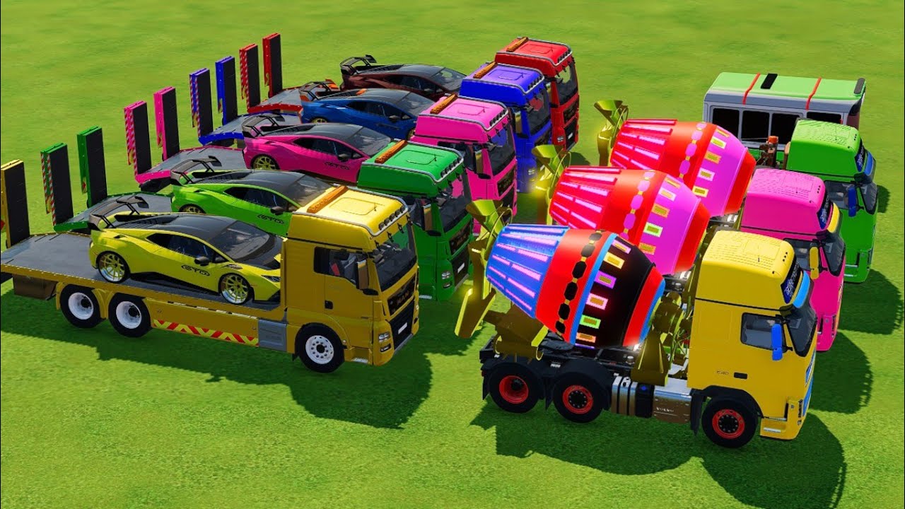 TRANSPORTING POLICE CARS, SPORT CARS, COLORFUL WITH MIXER TRUCKS -FARMING SIMULATOR 22! 