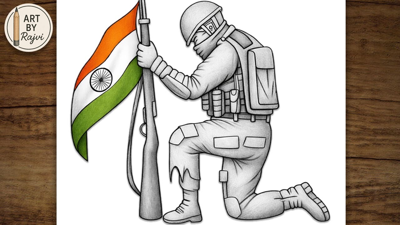 Indian Soldier Saluting Flag Drawing | Easy 15th August Independence Day Art | Army Tribute Sketch