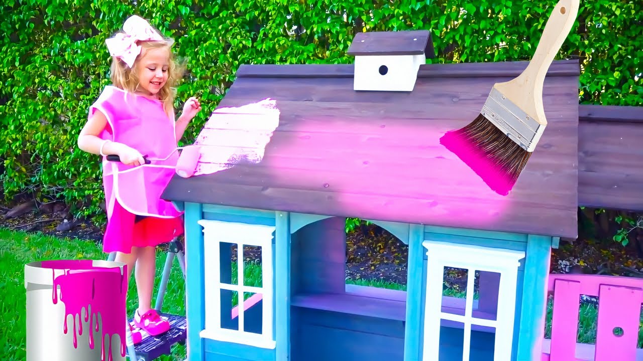 Stacy decora uma casa de brinquedos em rosa