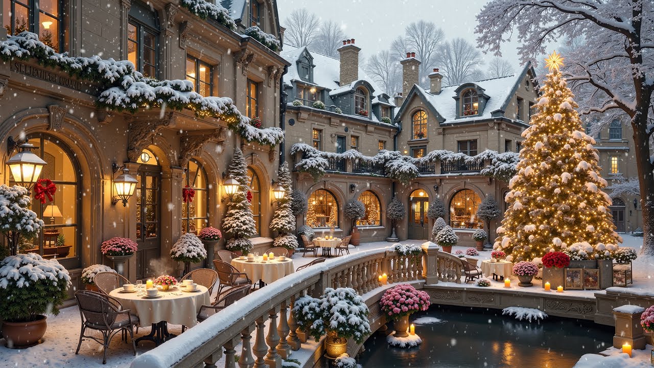 Relaxing Christmas Jazz in a Snowy Caf&eacute; Courtyard 🎄 Warm Glow for Study & Unwind