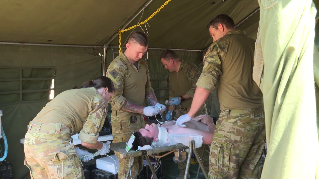 Australian Army Medics, Nurses and Doctors conduct simulated casualty drill