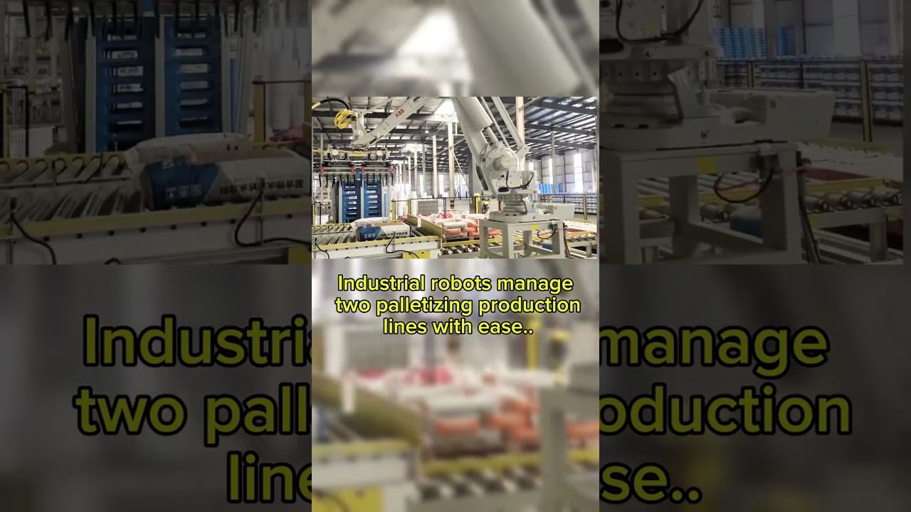 Industrial robots manage two palletizing production lines with ease.#robot#automation