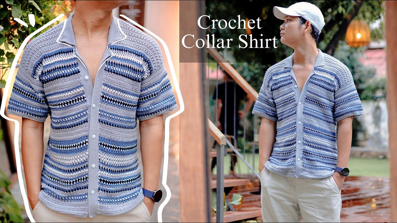 How To Crochet Striped Collar Shirt For Men (size S - 5XL)