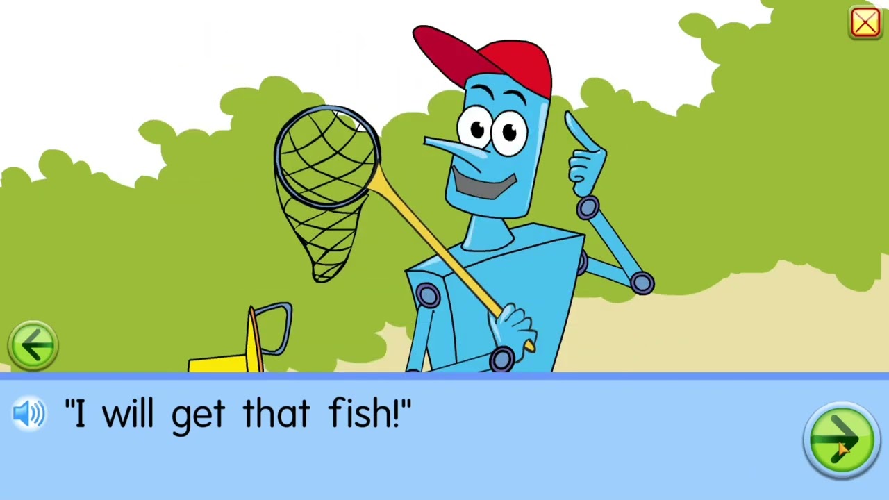 Starfall Learn to Read, short vowel pals, short i (tin man sits book)