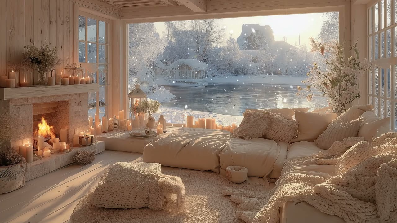 Cozy Fireplace Sounds 🔥 Snowfall Ambience ❄️ Piano 🎹 | Sleep, Study, Relax