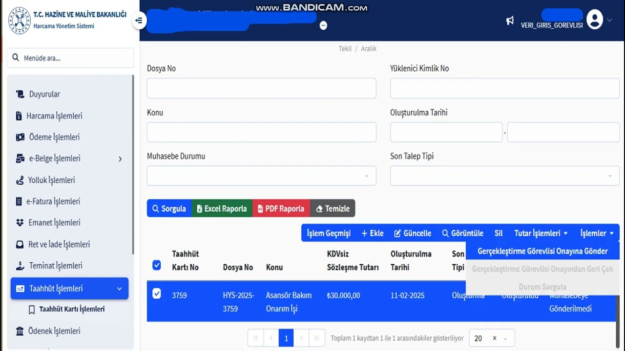 TAAHHÜT KARTI İŞLEMLERİ