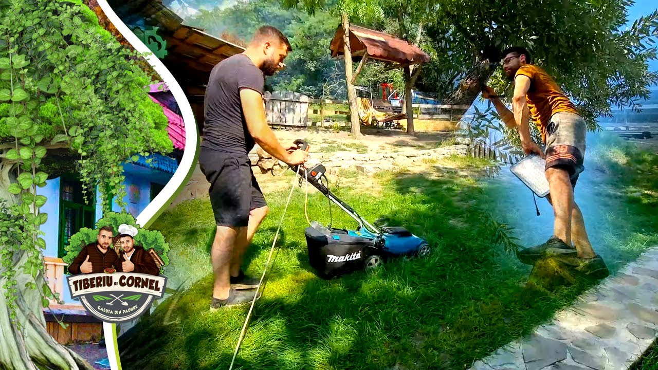 Tiberiu coseste gazonul de la casuta din Padure !