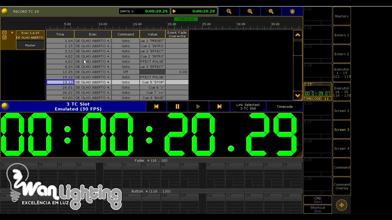Record Timecode grandMA2. ( Icone T vermelho piscando.)