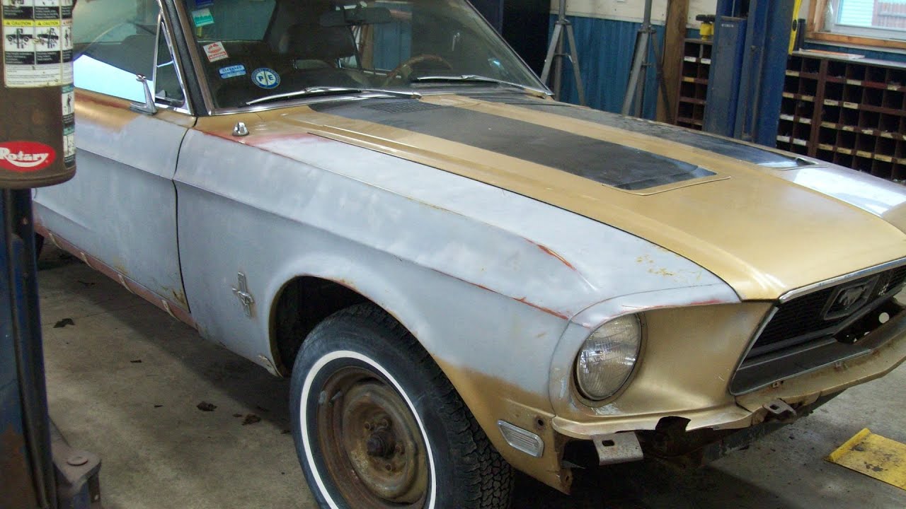 1968  golden nugget special Mustang Restoration start up. removing hood and front grill.  Part 6
