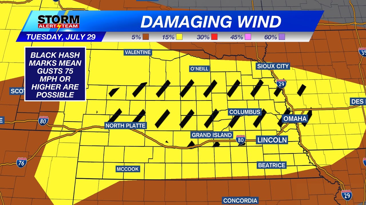 Damaging wind threat, severe potential across Nebraska into Tuesday night - July 29, 2025