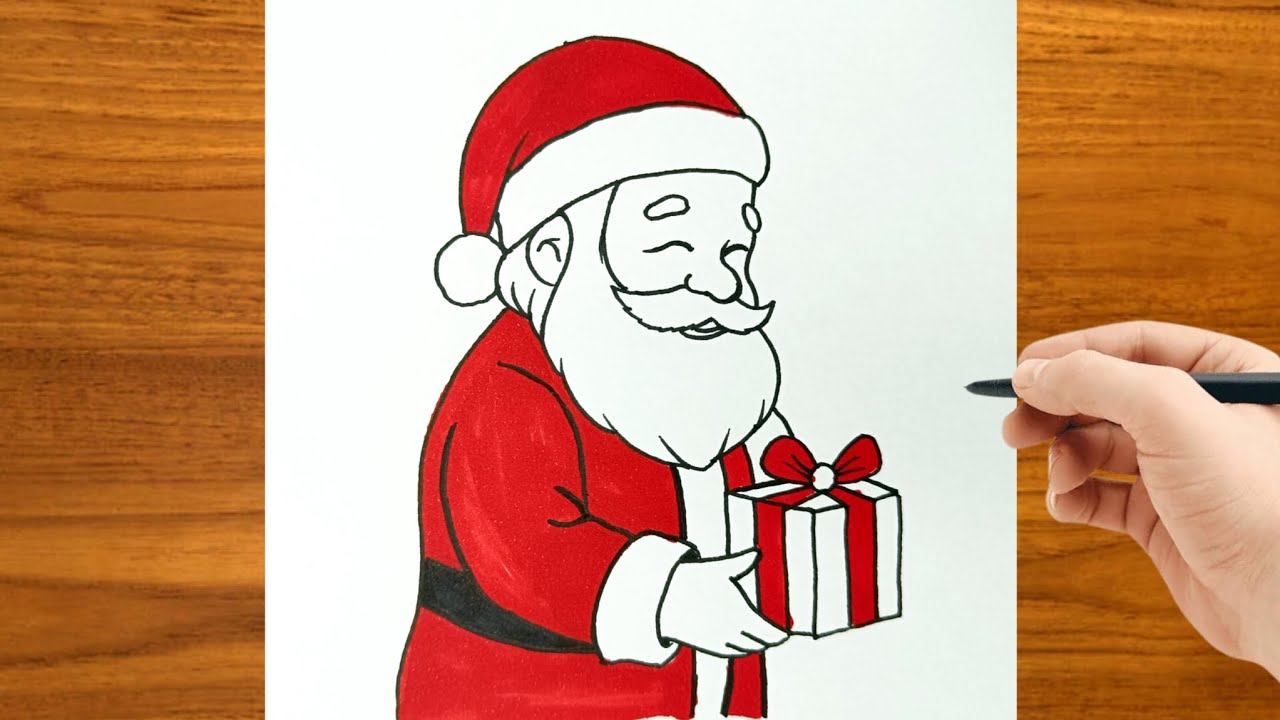 Drawing Santa Claus Holding a New Year's Gift | How to Draw a New Year's Picture Easy