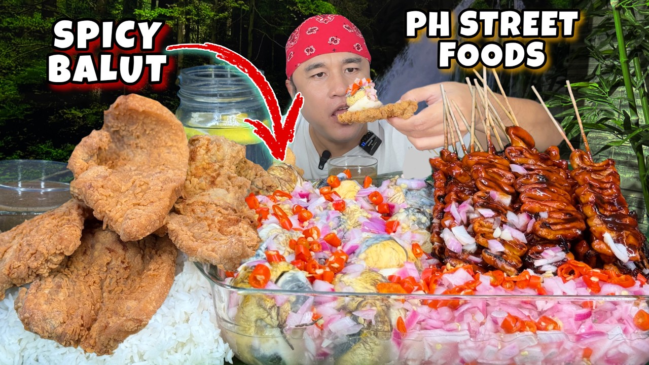 Spicy PH. Street Food ( Balut, Ihaw-ihaw Isaw ng Manok and Crispy Pork Belly ) Pinoy Mukbang 