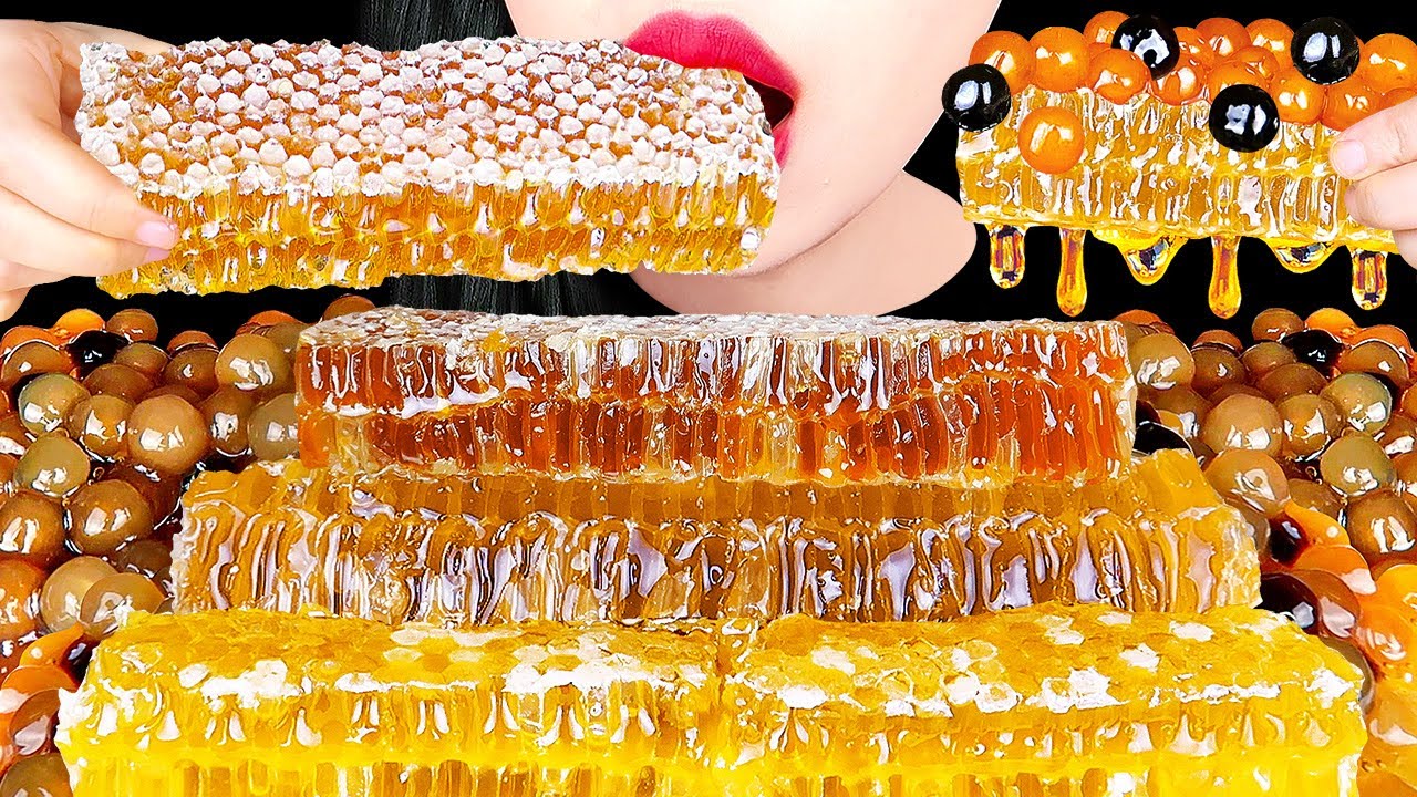 ASMR RAW HONEYCOMB, TAPIOCA PEARL 벌집꿀, 타피오카펄 먹방 蜂の巣 ハニカム EATING SOUNDS MUKBANG 咀嚼音 꿀 자르는 소리