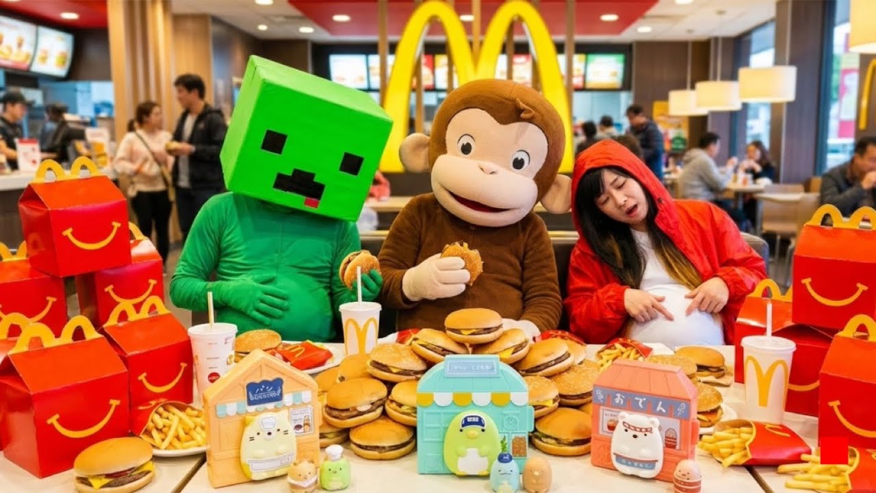 まいぜんシスターズ実写版/マクドナルド🍔ハッピーセット🎉おさるのジョージ🐒＆すみっコぐらし🌳第3弾開封‼️クレーンゲームでジョージゲット⁉️駄菓子でASMRしてみた結果⁉️