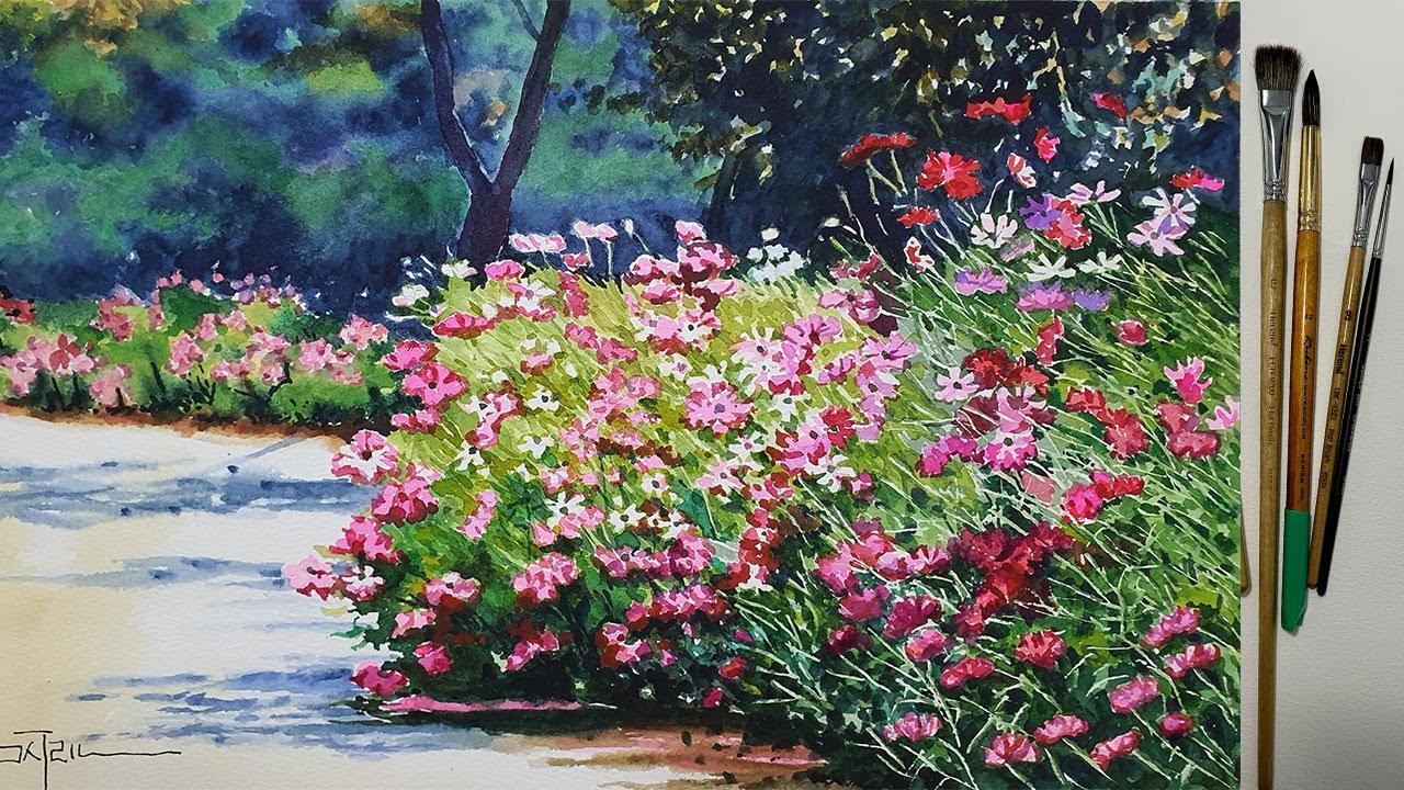 Watercolor Cosmos Flowers Landscape Painting
