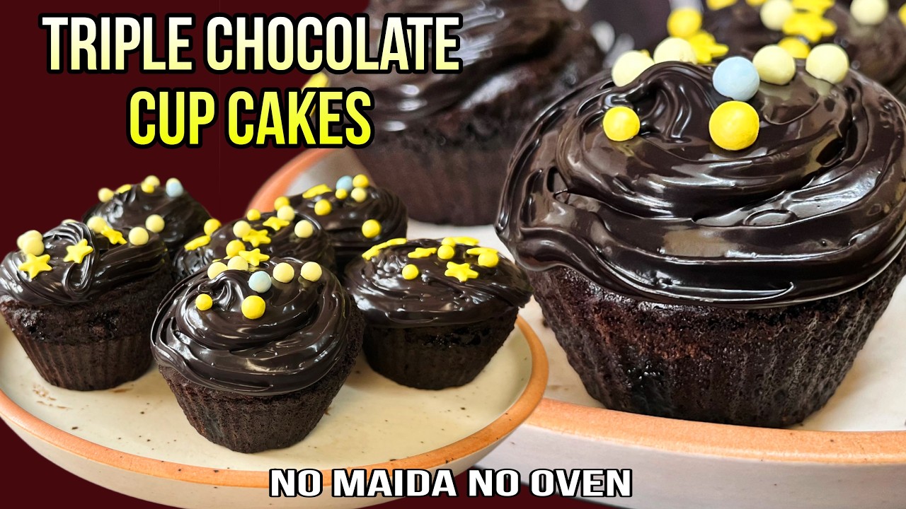 Eggelss Triple Chocolate Cup Cakes On Tawa | No Oven No Kadhai Cooker No Maida | Soft Moist Cup Cake