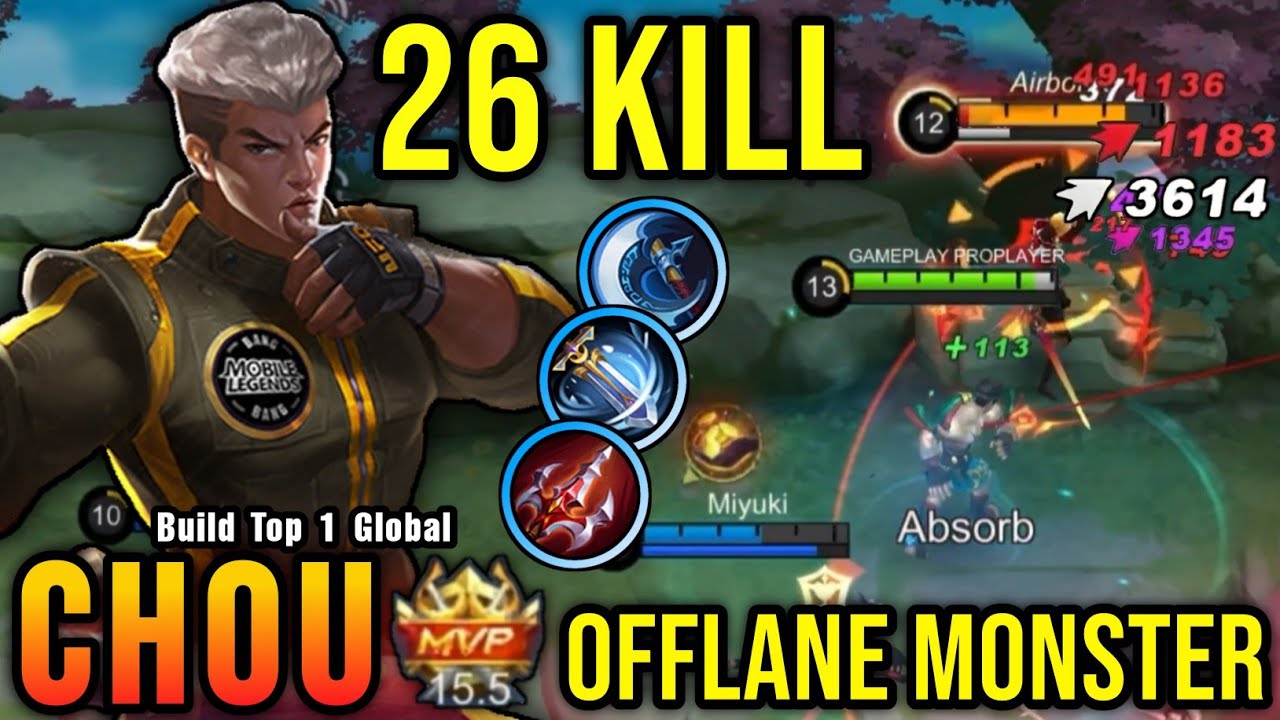 26 Kills!! MVP 15.5 Points Chou Offlane Monster!! - Build Top 1 Global Chou ~ MLBB