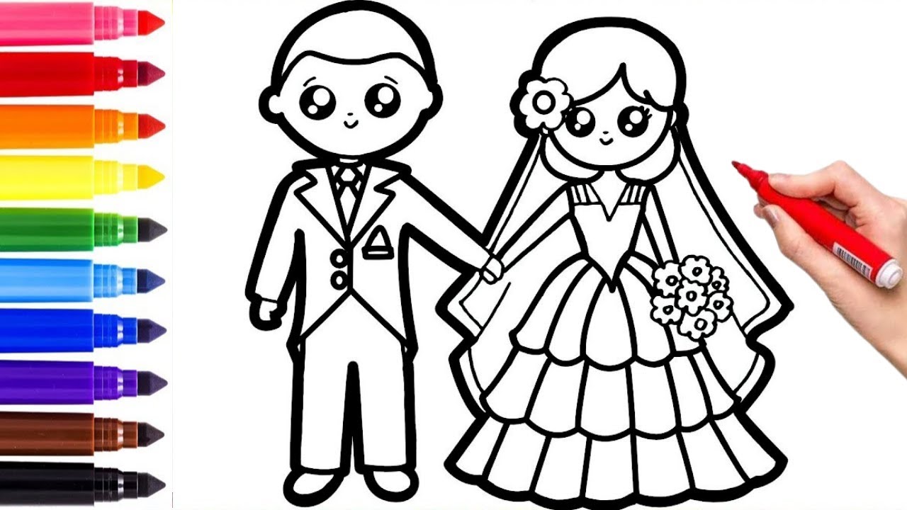 How to Draw Groom & Bride | Easy Drawing and Coloring