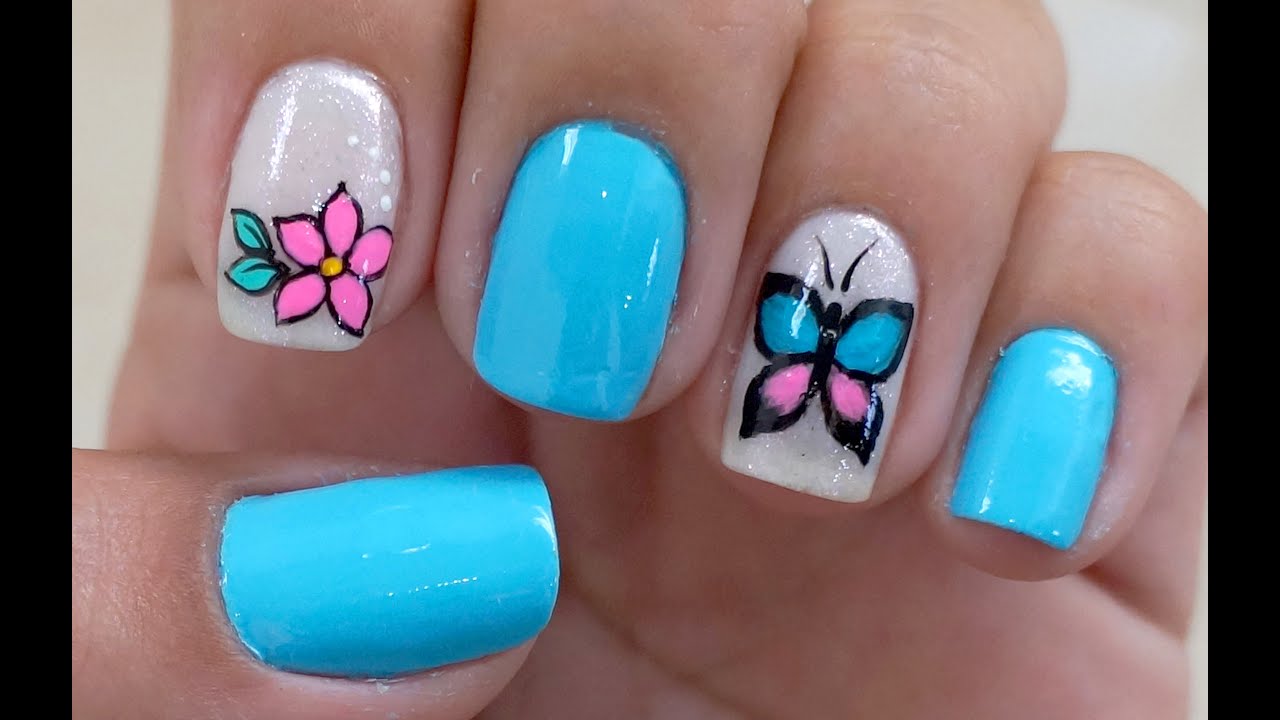 Unhas Decoradas com Borboleta Manual Bela e Simples